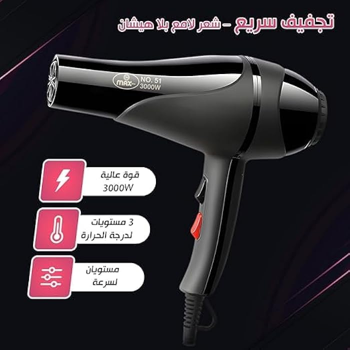 Hair Dryer 3000W, Salon Professional Blow Dryer With Comb Nozzle, 2 Speed 3 Heat Settings, Low Noise, Detachable Air Concentrator, Overheat Protection, Max-51 - Image 2